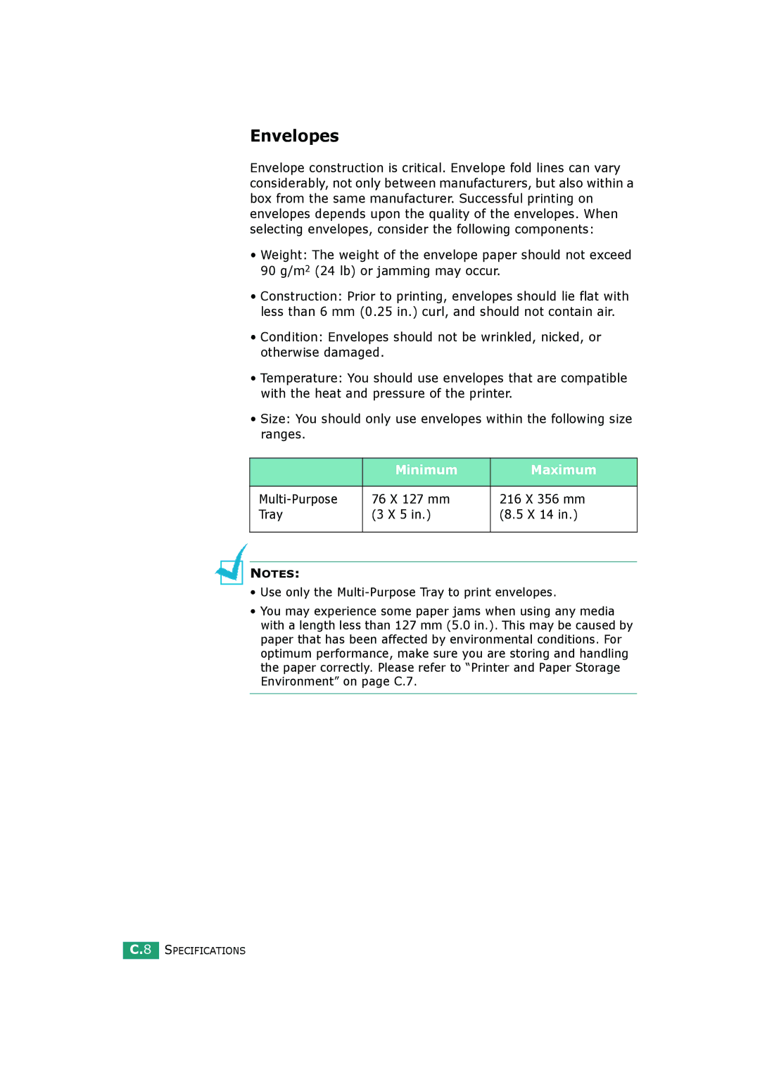 HP BP20N manual Envelopes, Minimum Maximum 