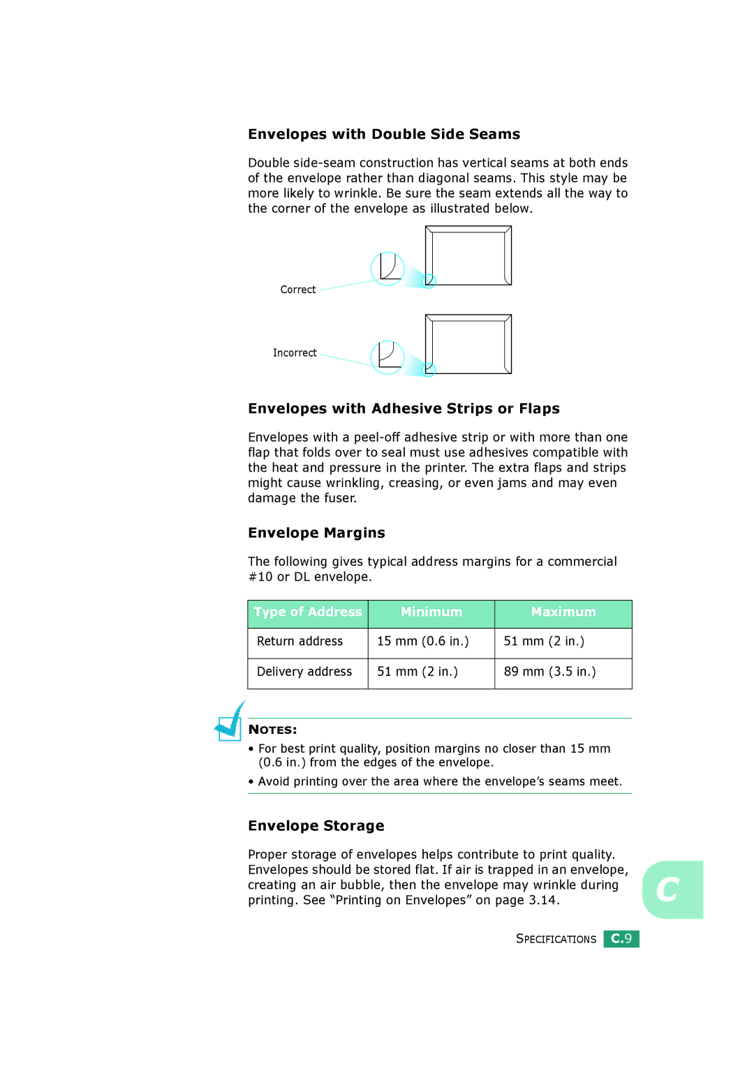 HP BP20 Envelopes with Double Side Seams, Envelopes with Adhesive Strips or Flaps, Envelope Margins, Envelope Storage 