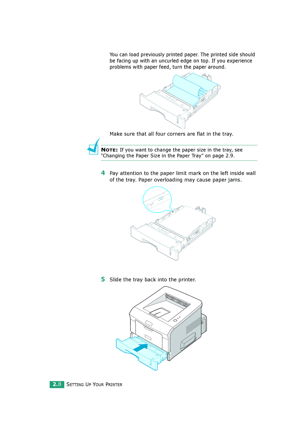 HP BP20N manual Make sure that all four corners are flat in the tray, Slide the tray back into the printer 