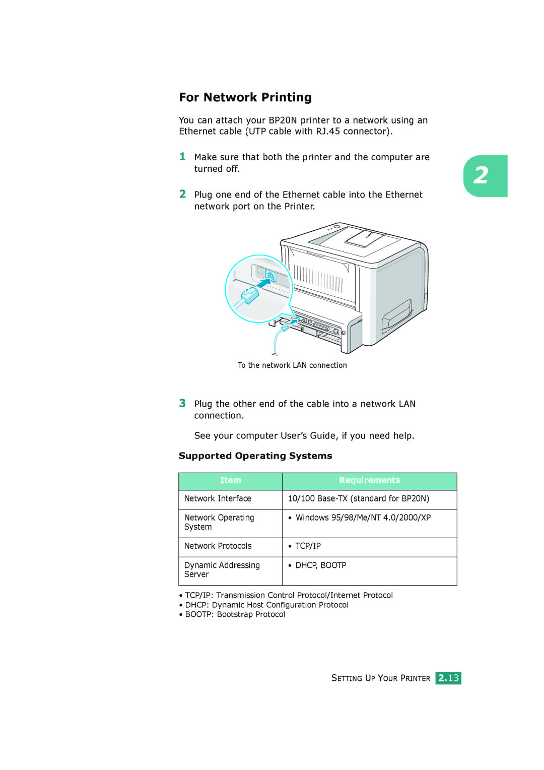 HP BP20N manual For Network Printing, Supported Operating Systems 