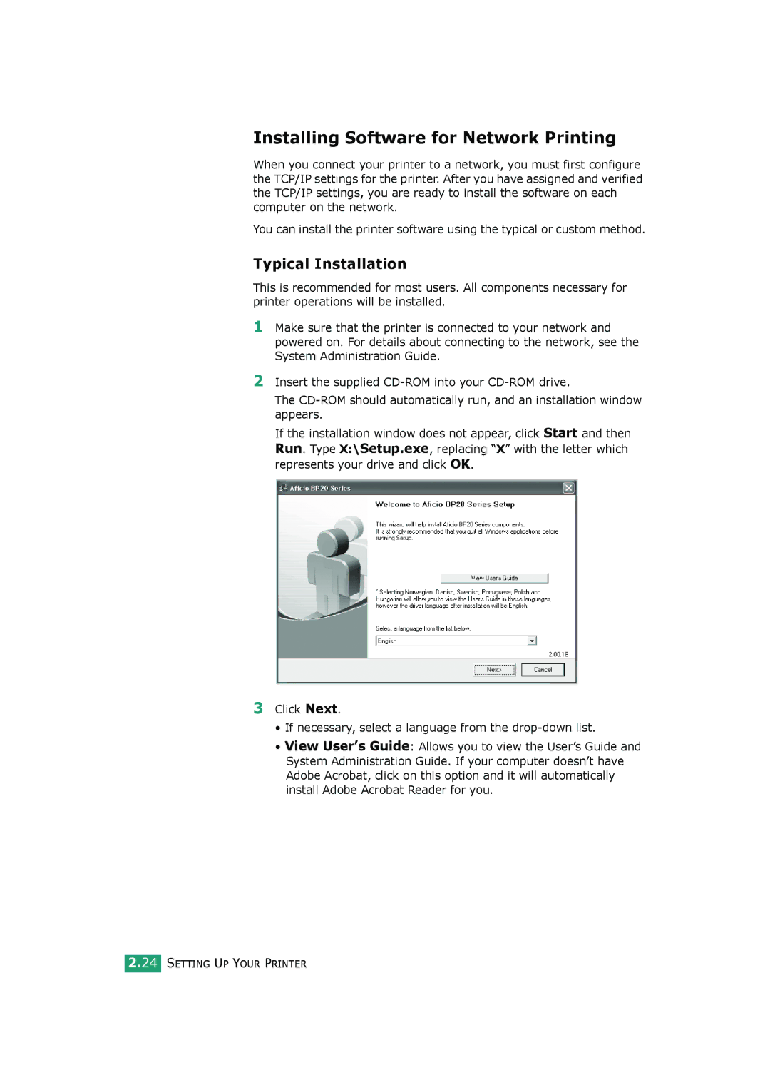 HP BP20N manual Installing Software for Network Printing, Typical Installation 