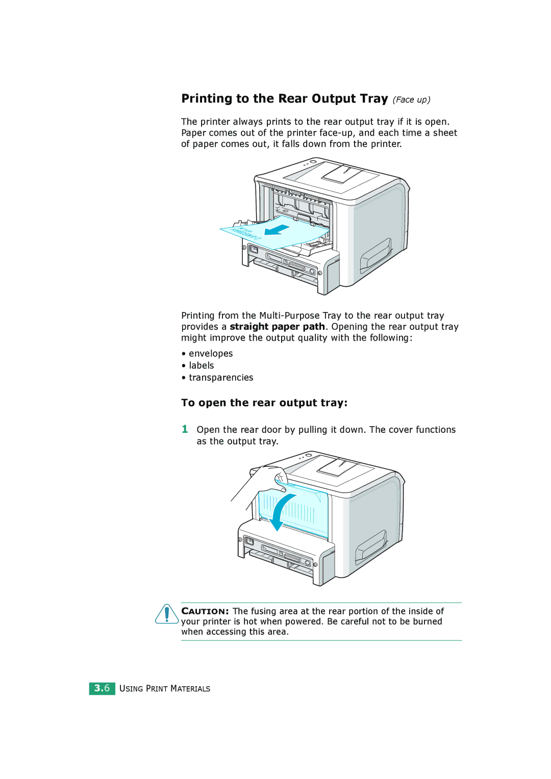 HP BP20N manual Printing to the Rear Output Tray Face up, To open the rear output tray 