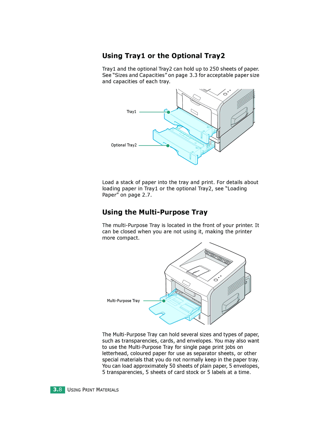 HP BP20N manual Using Tray1 or the Optional Tray2, Using the Multi-Purpose Tray 