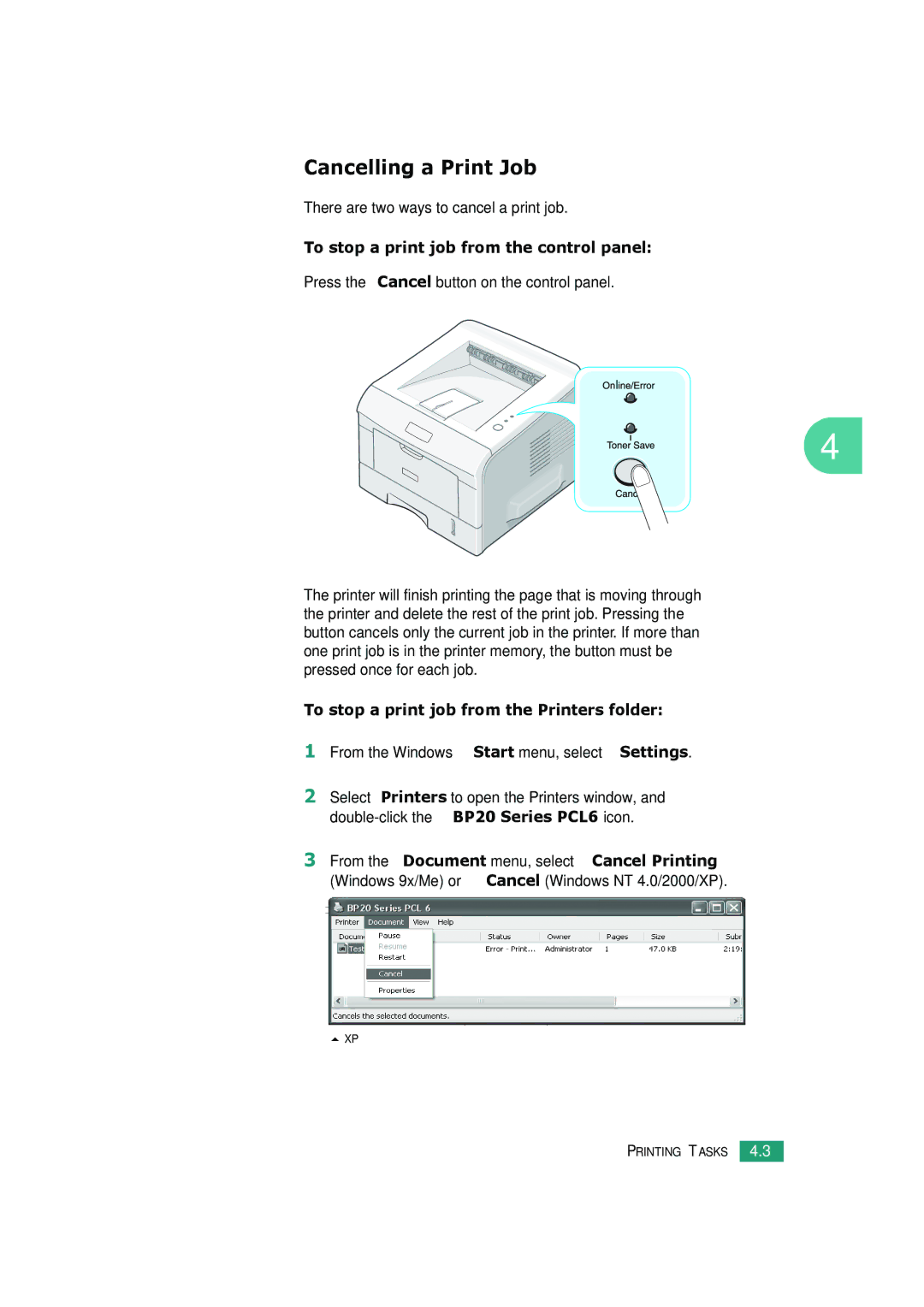 HP BP20 manual Cancelling a Print Job, There are two ways to cancel a print job, To stop a print job from the control panel 