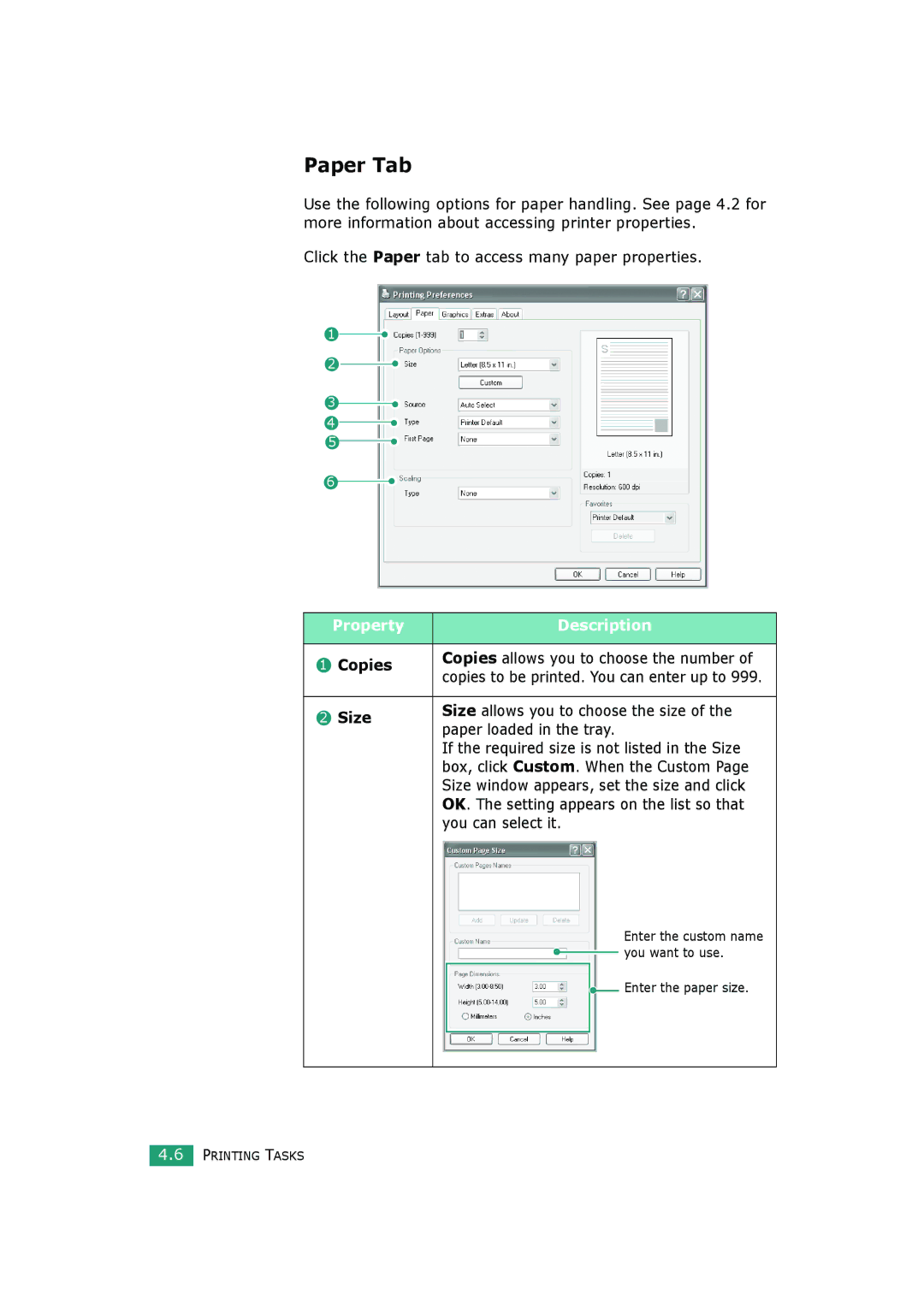 HP BP20N manual Paper Tab, Property Description Copies, Size, Paper loaded in the tray, You can select it 