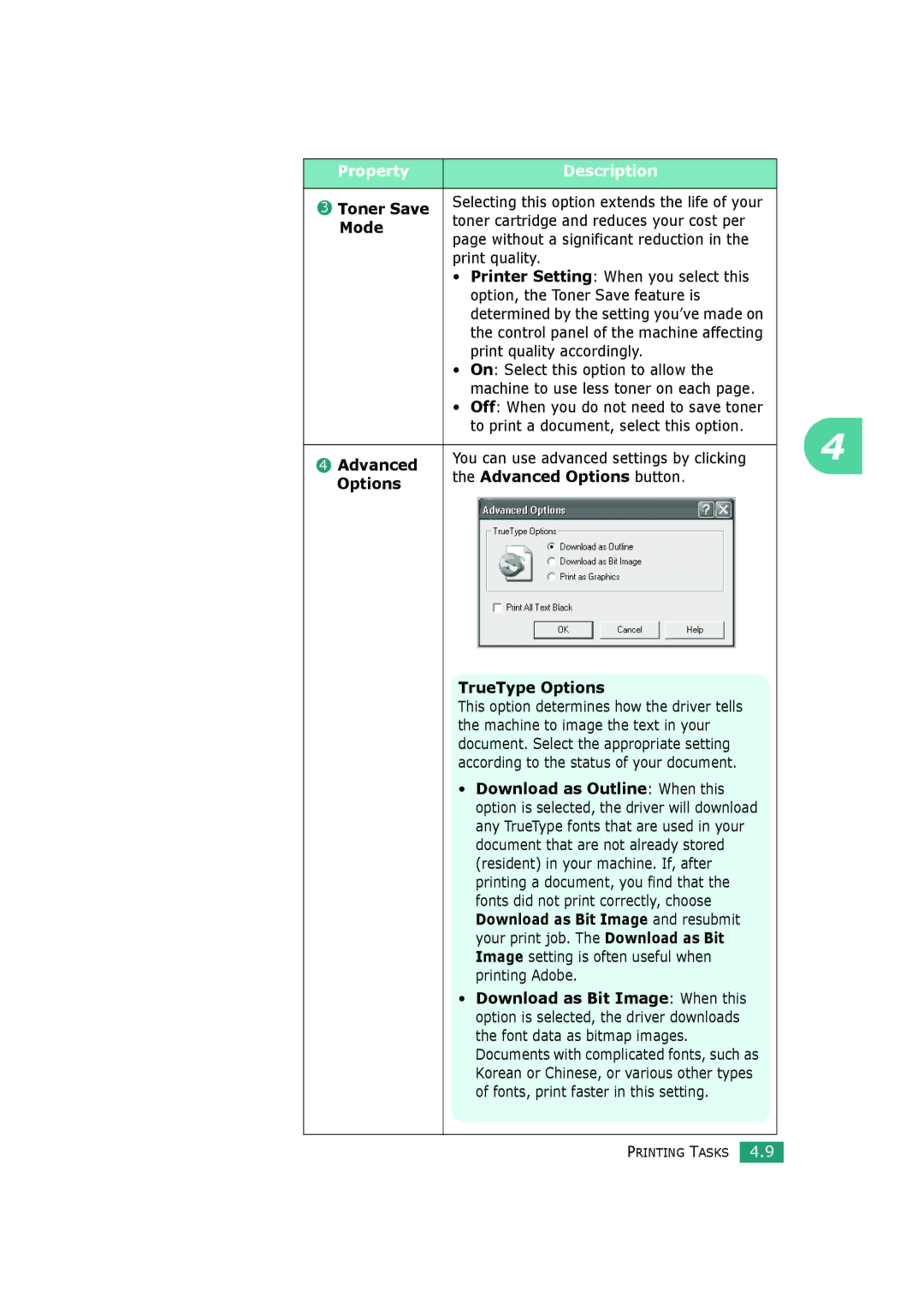 HP BP20N manual Toner Save, Advanced Options button, TrueType Options 