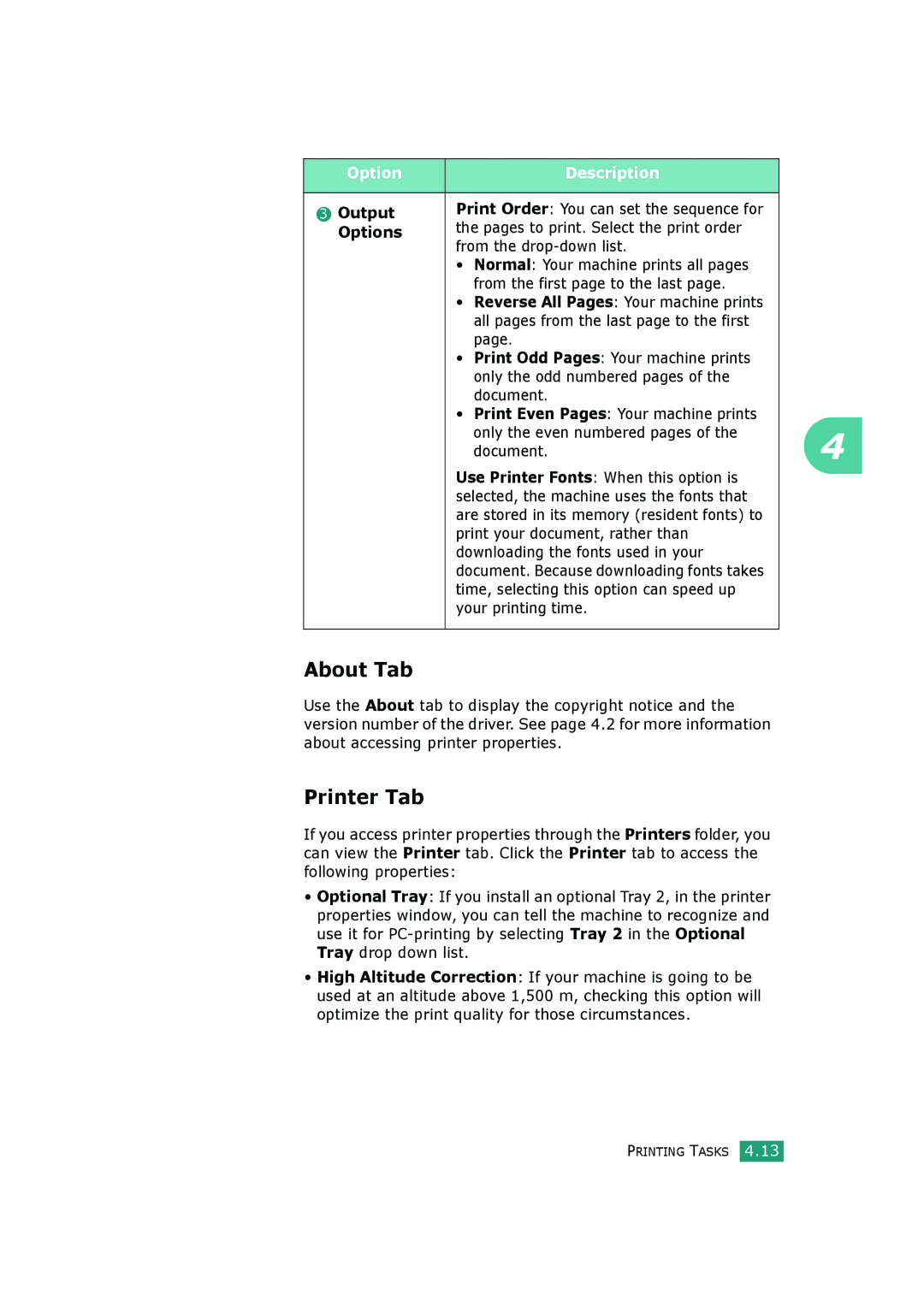 HP BP20N manual About Tab, Printer Tab, Output, Pages to print. Select the print order, From the drop-down list 