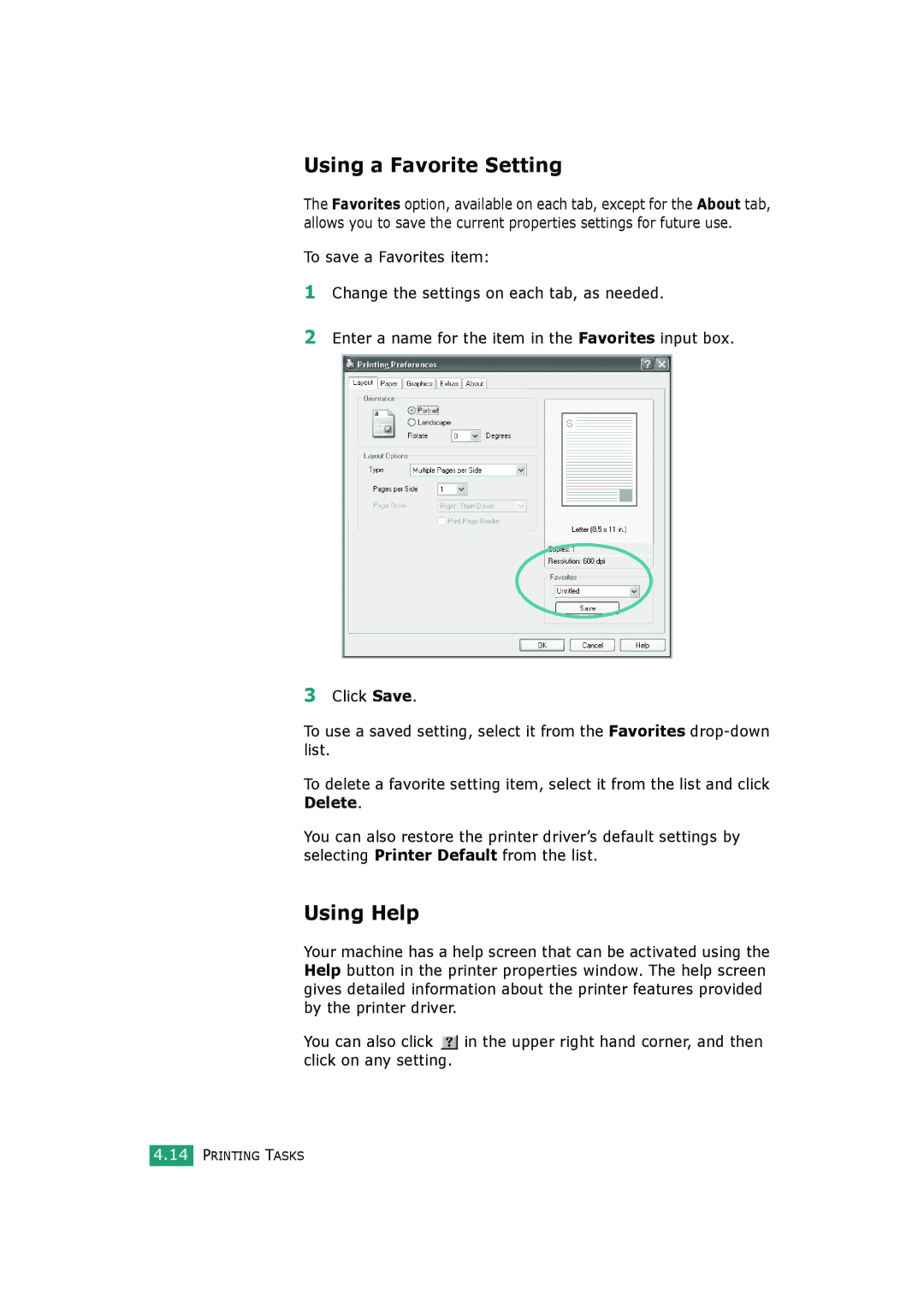 HP BP20N manual Using a Favorite Setting, Using Help 