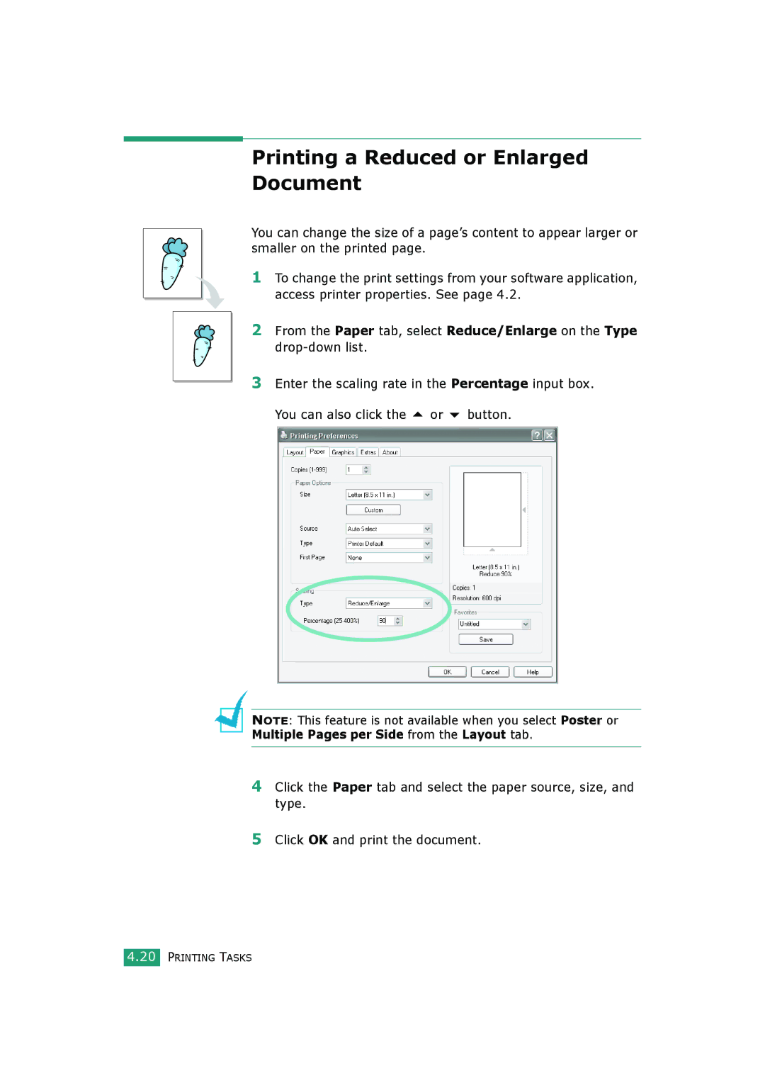 HP BP20N manual Printing a Reduced or Enlarged Document 