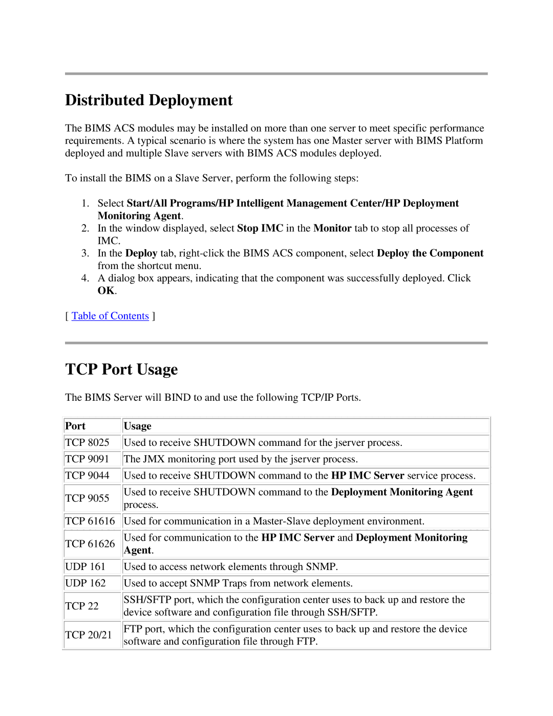 HP Branch Intellectual Management System Software manual Distributed Deployment, TCP Port Usage 