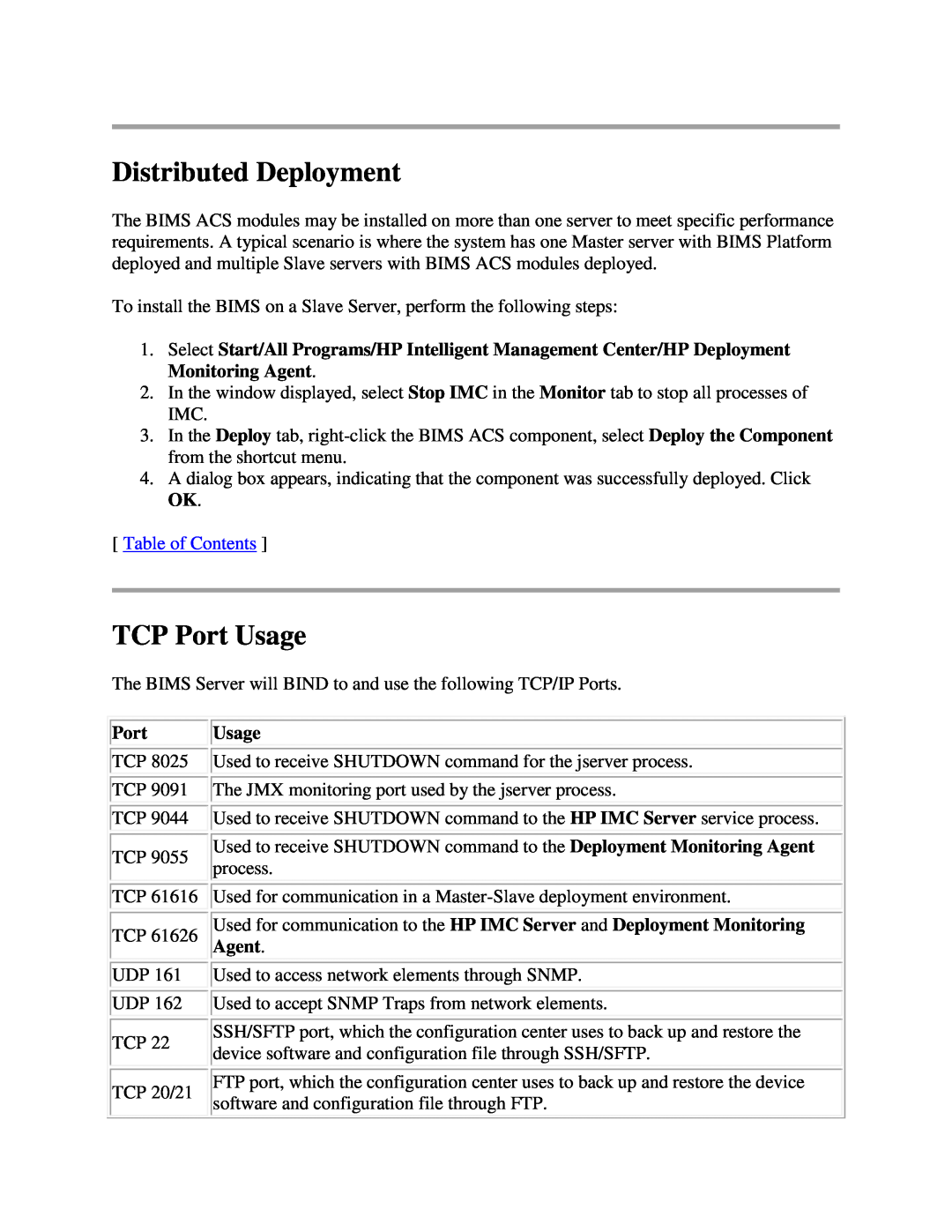 HP Branch Intellectual Management System Software manual Distributed Deployment, TCP Port Usage 
