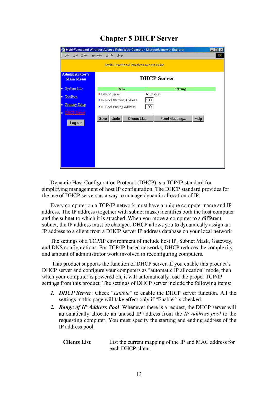 HP Bridge manual Dhcp Server, Clients List 