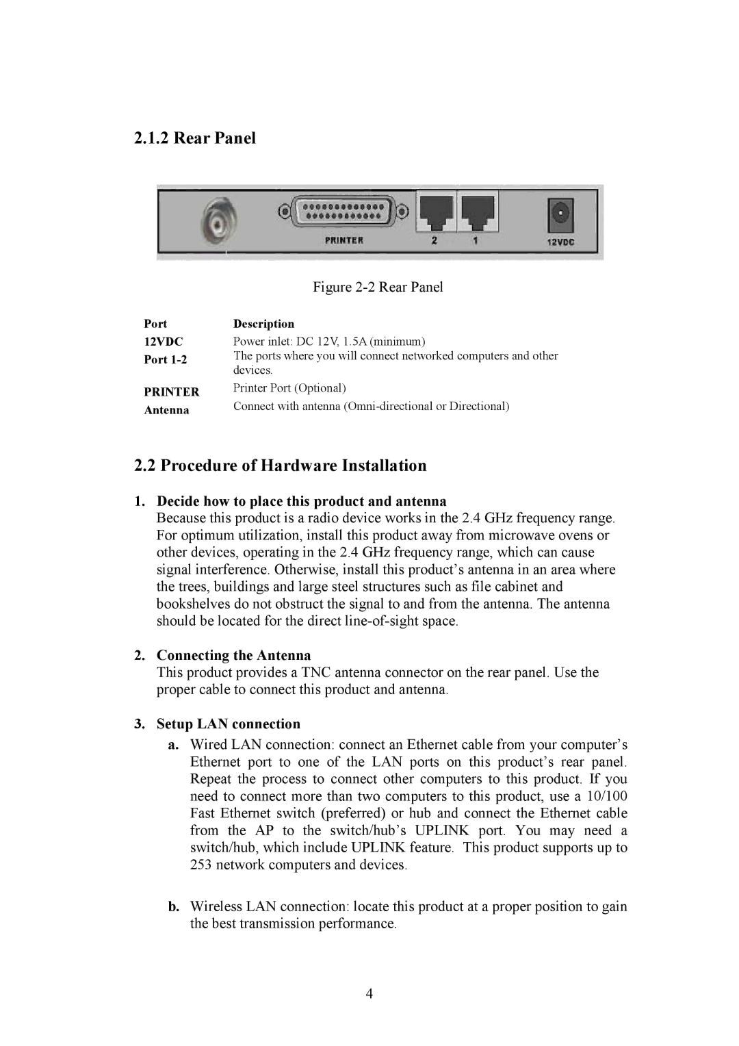 HP Bridge manual Rear Panel, Procedure of Hardware Installation, Decide how to place this product and antenna 