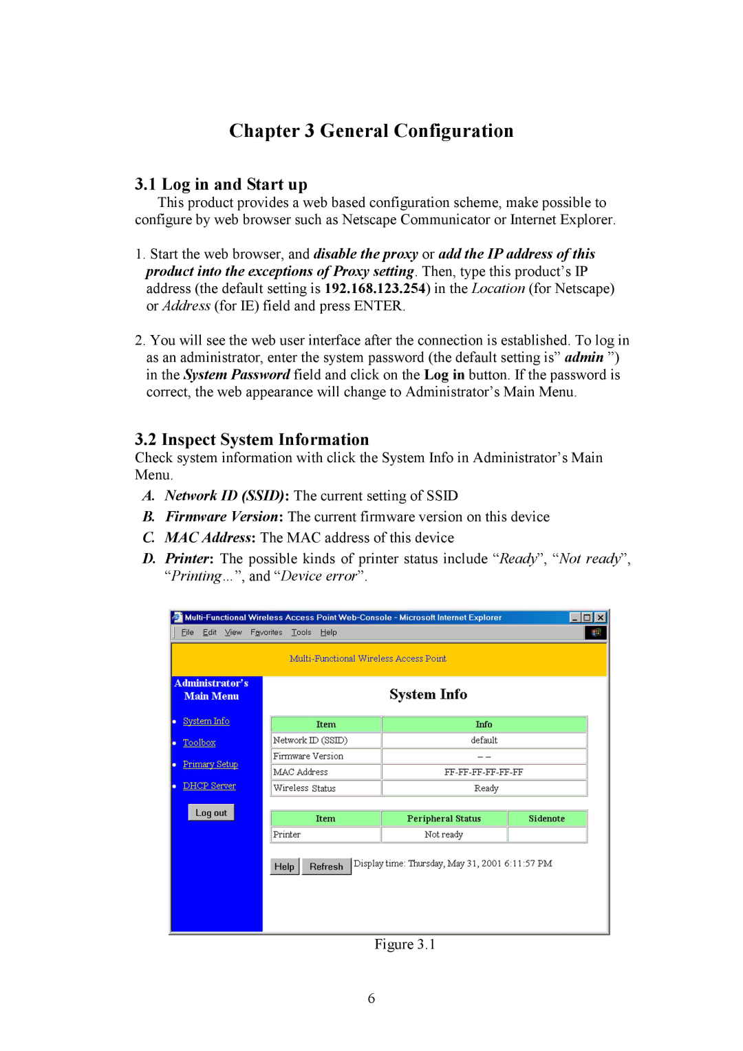 HP Bridge manual General Configuration, Log in and Start up, Inspect System Information 