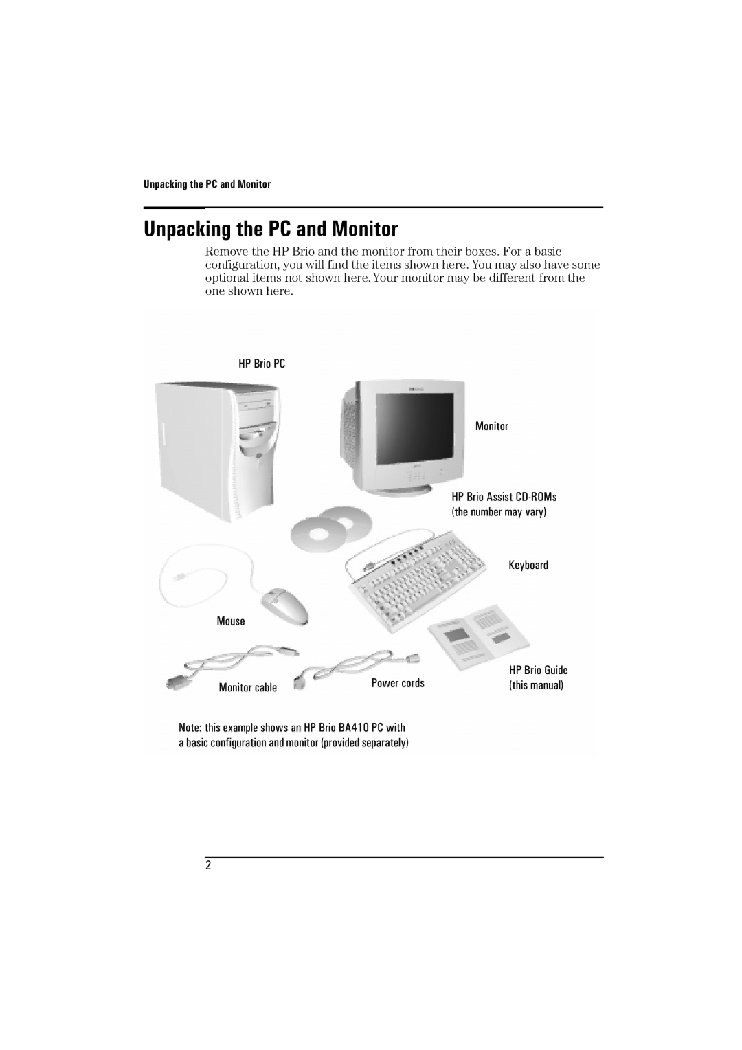 HP BrioBA410 manual Unpacking the PC and Monitor, Number may vary 