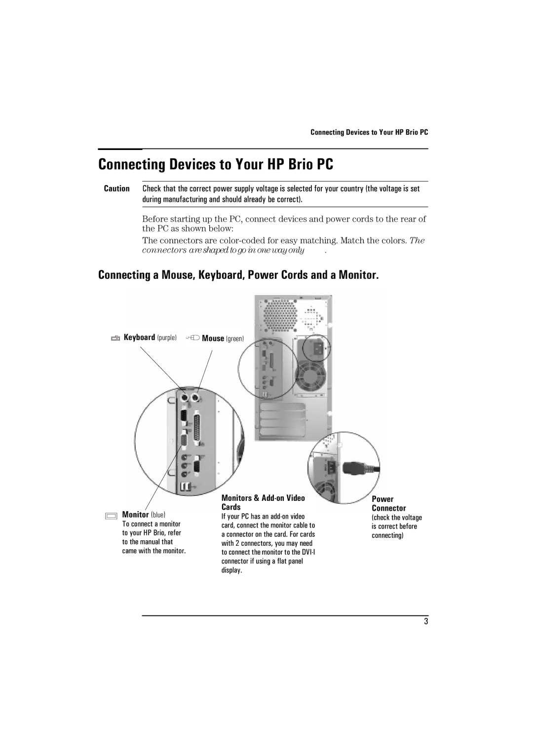 HP BrioBA410 manual Connecting Devices to Your HP Brio PC 