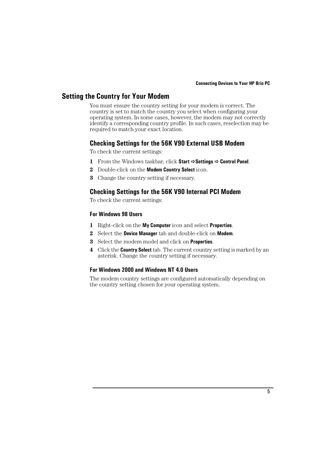 HP BrioBA410 manual Setting the Country for Your Modem, Checking Settings for the 56K V90 External USB Modem 