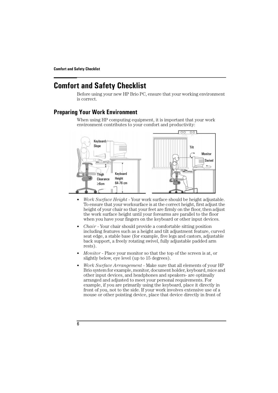 HP BrioBA410 manual Comfort and Safety Checklist, Preparing Your Work Environment 