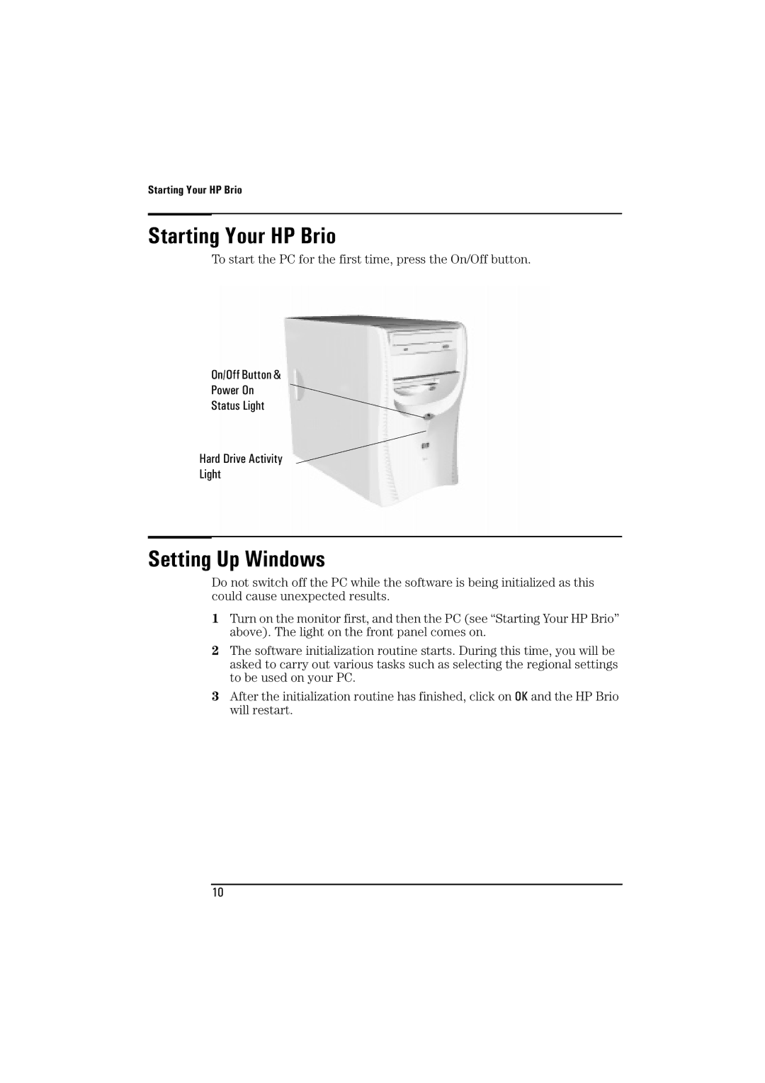 HP BrioBA410 manual Starting Your HP Brio, Setting Up Windows 