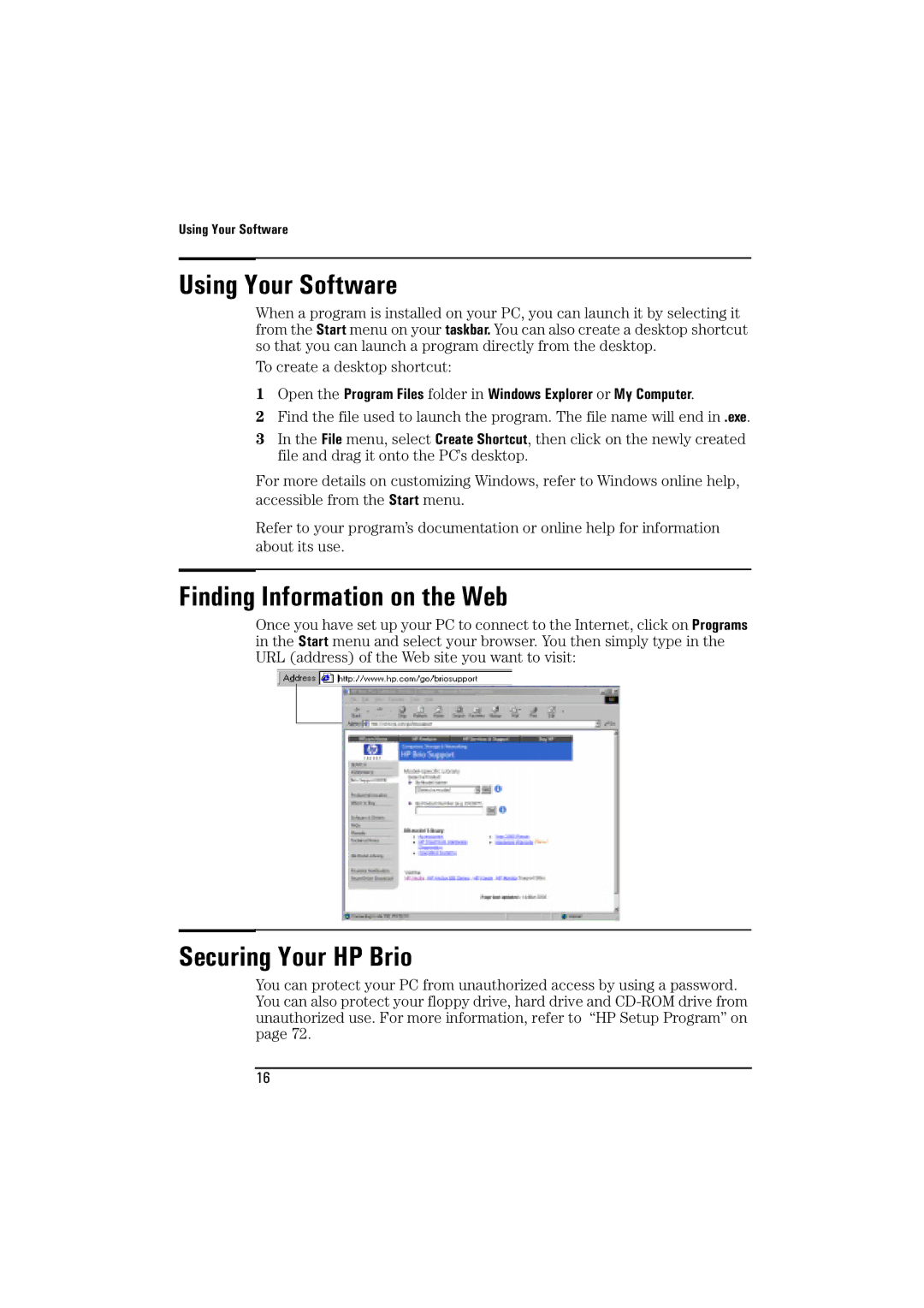 HP BrioBA410 manual Using Your Software, Finding Information on the Web, Securing Your HP Brio 