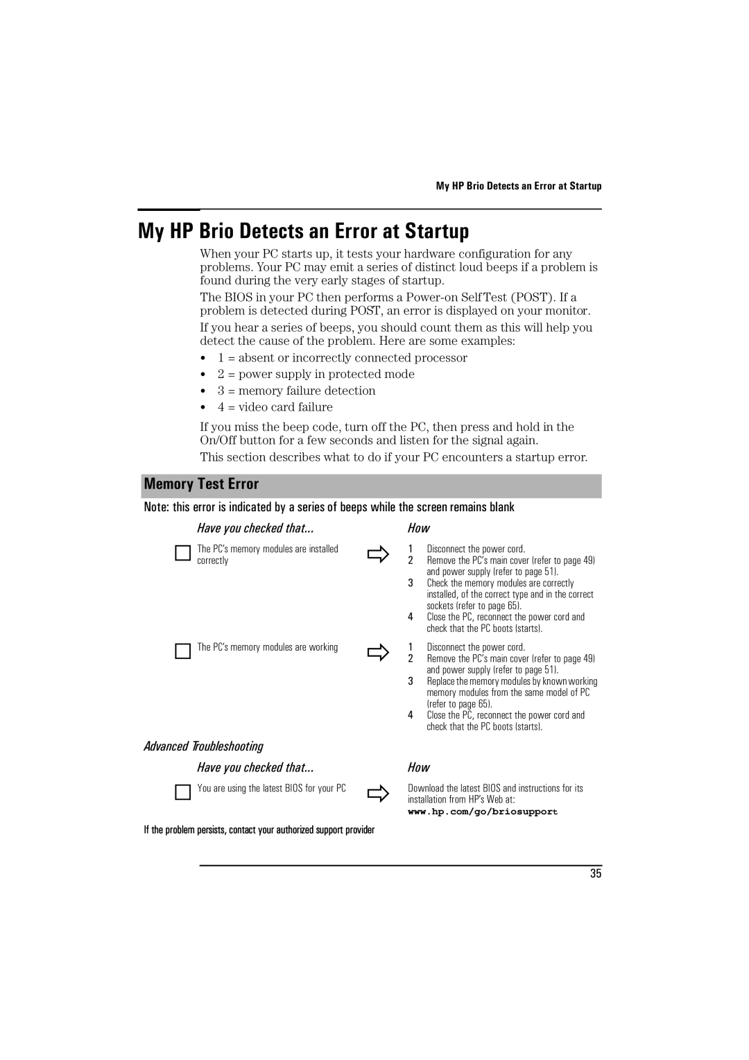 HP BrioBA410 manual My HP Brio Detects an Error at Startup, Memory Test Error, PC’s memory modules are installed correctly 