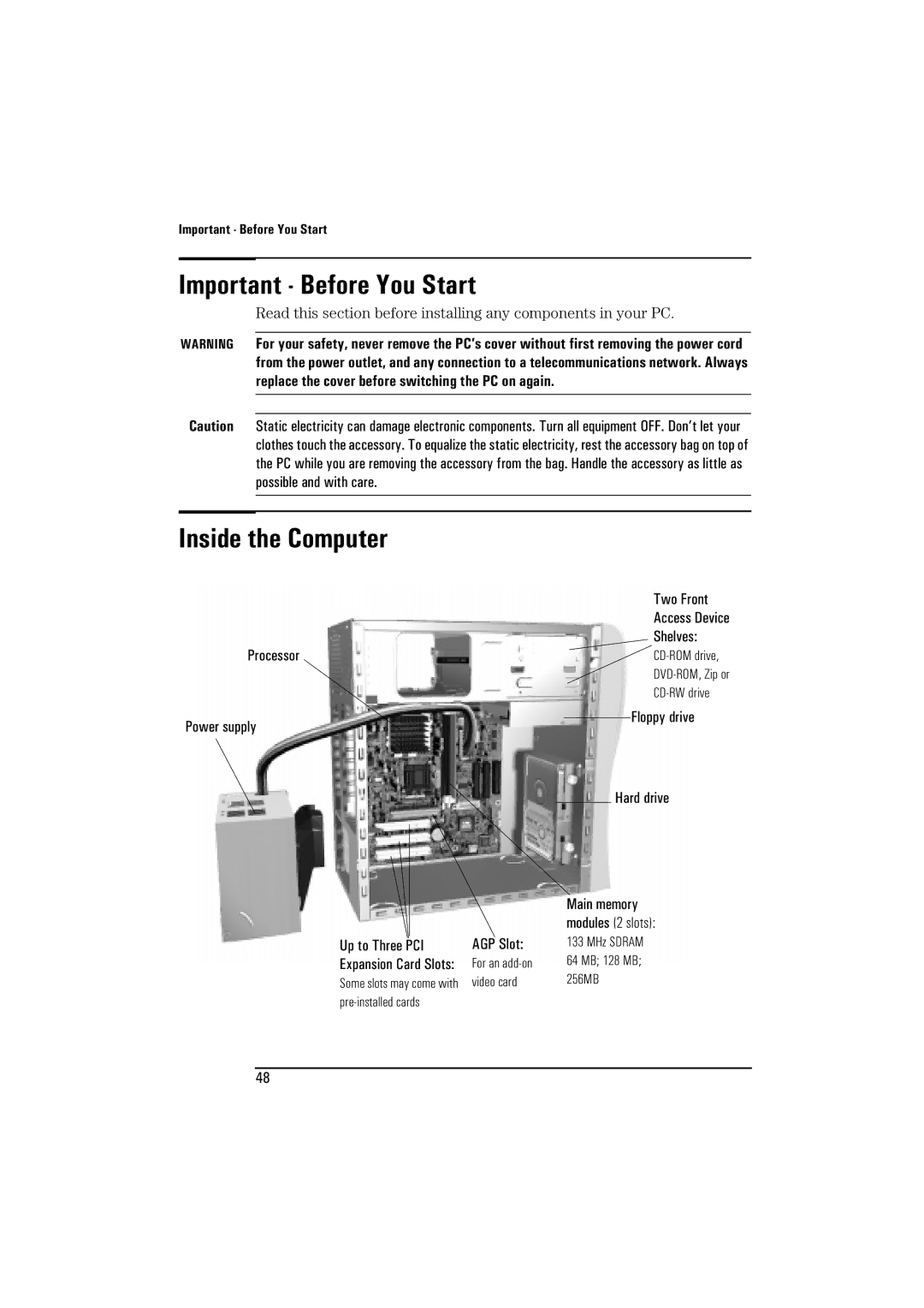 HP BrioBA410 manual Important Before You Start, Inside the Computer 