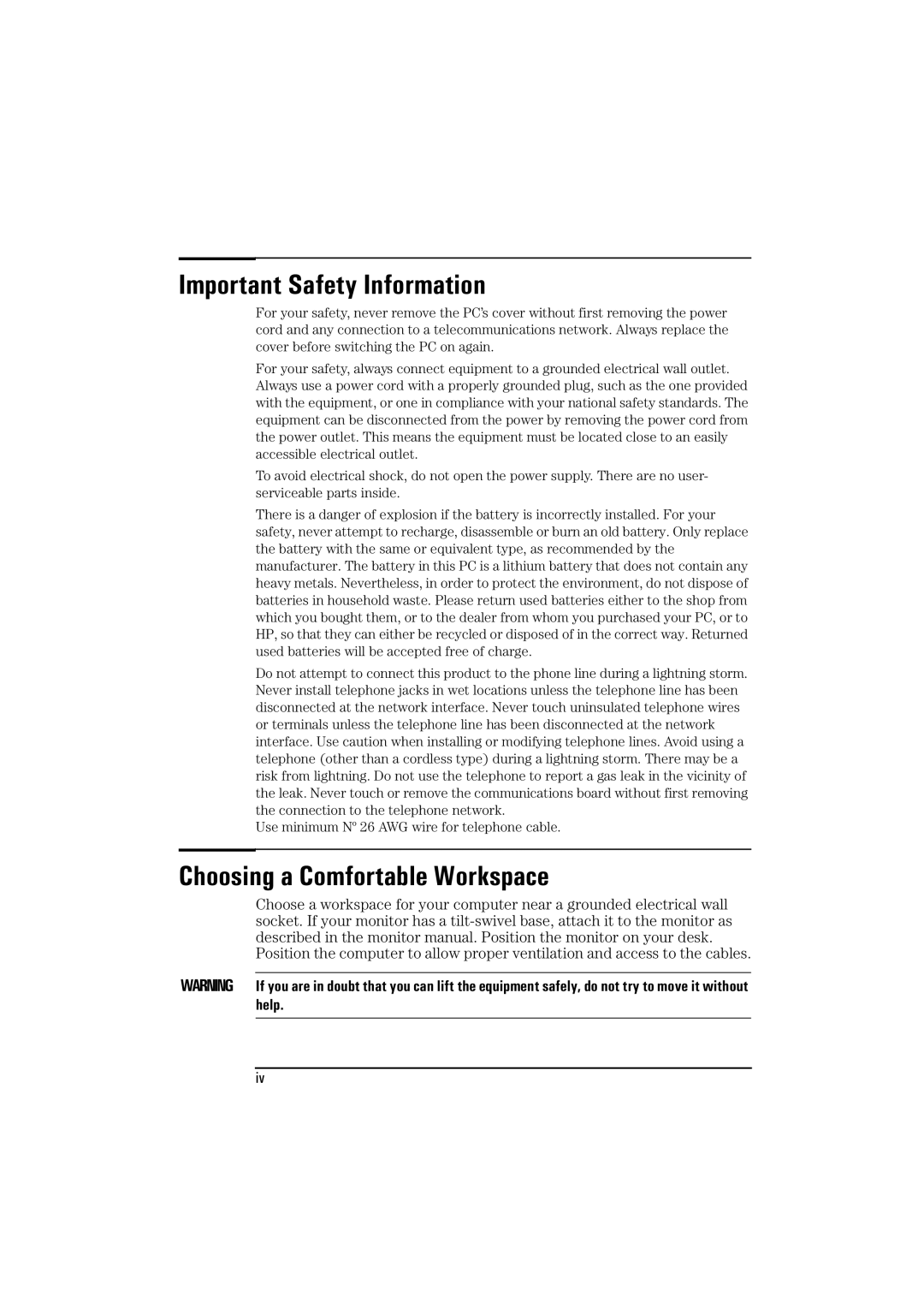 HP BrioBA410 manual Important Safety Information, Choosing a Comfortable Workspace 