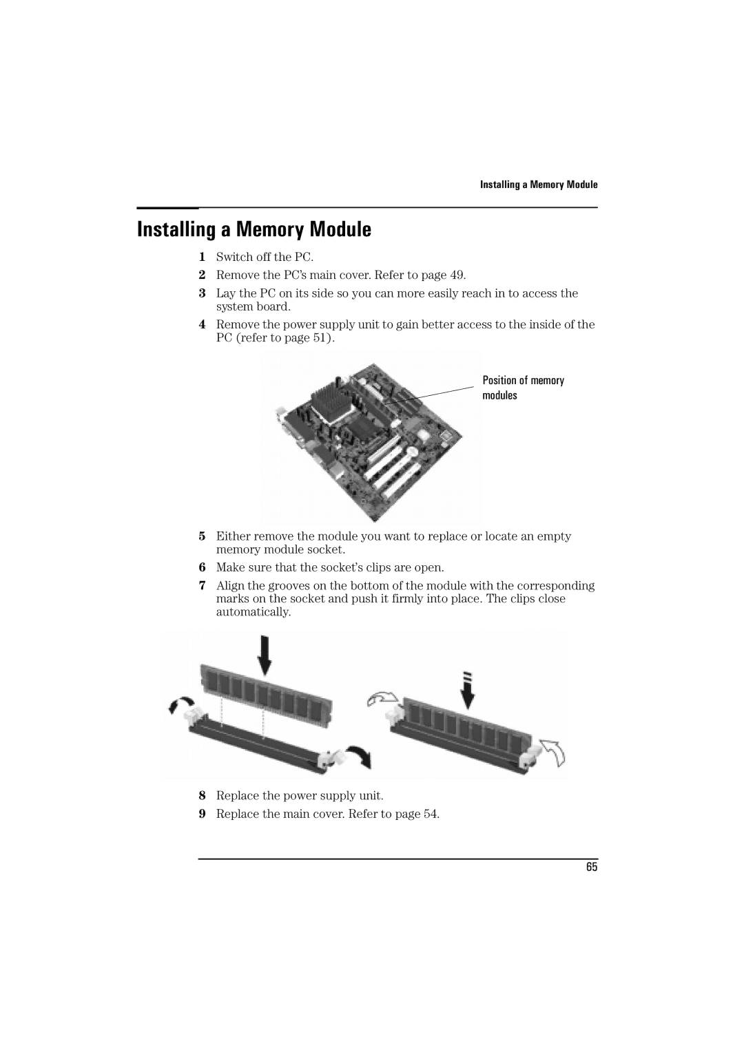 HP BrioBA410 manual Installing a Memory Module 