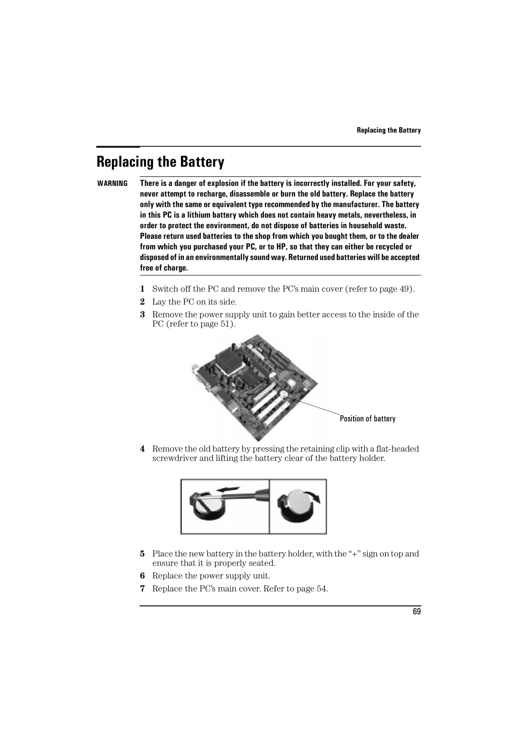 HP BrioBA410 manual Replacing the Battery, Position of battery 