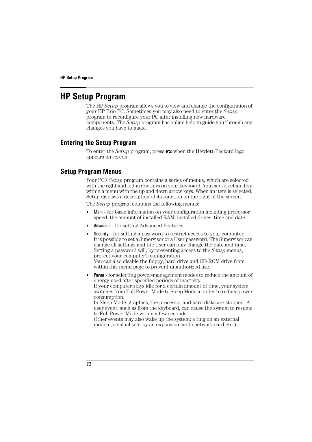 HP BrioBA410 manual HP Setup Program, Entering the Setup Program, Setup Program Menus 