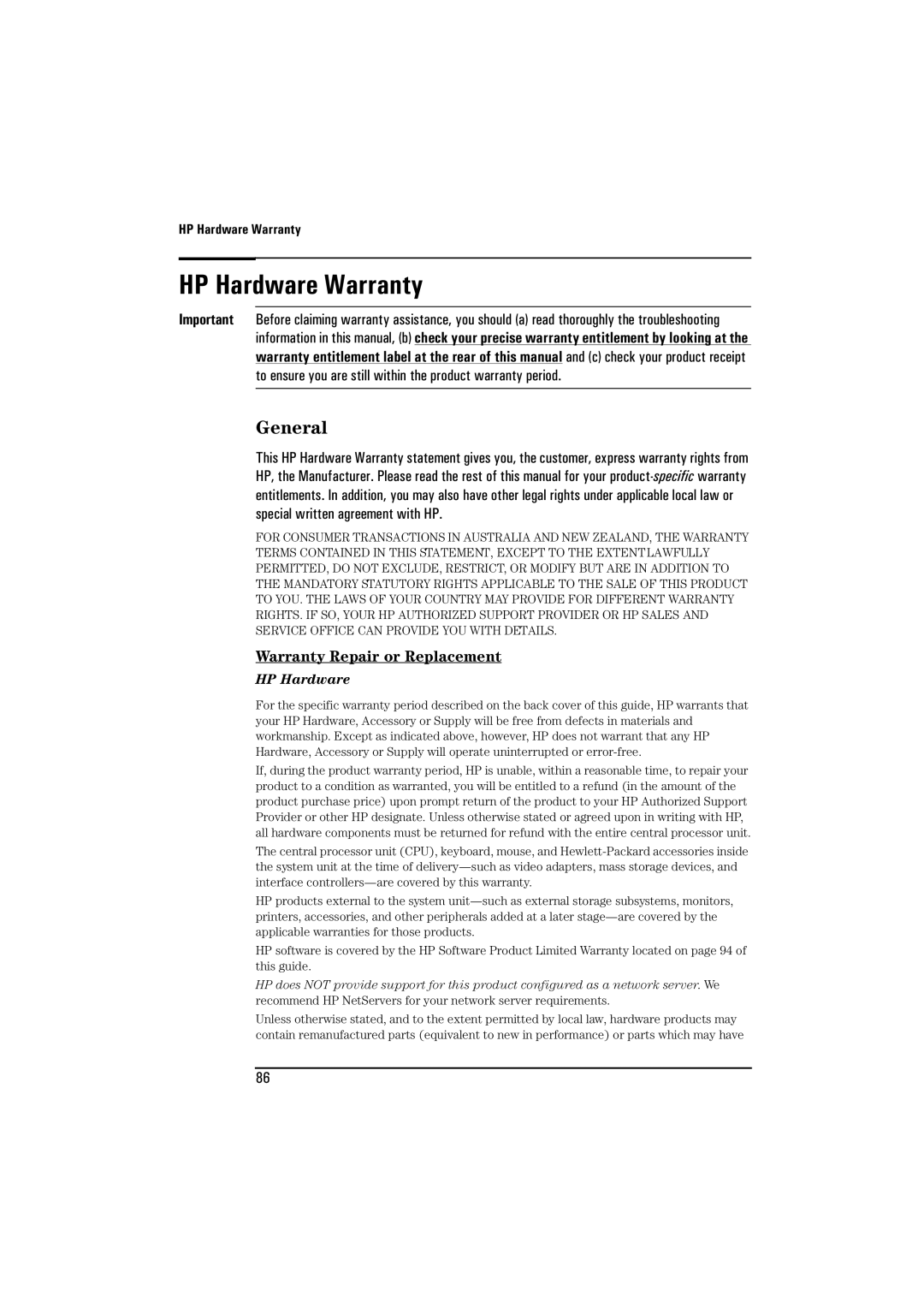 HP BrioBA410 manual HP Hardware Warranty, General 