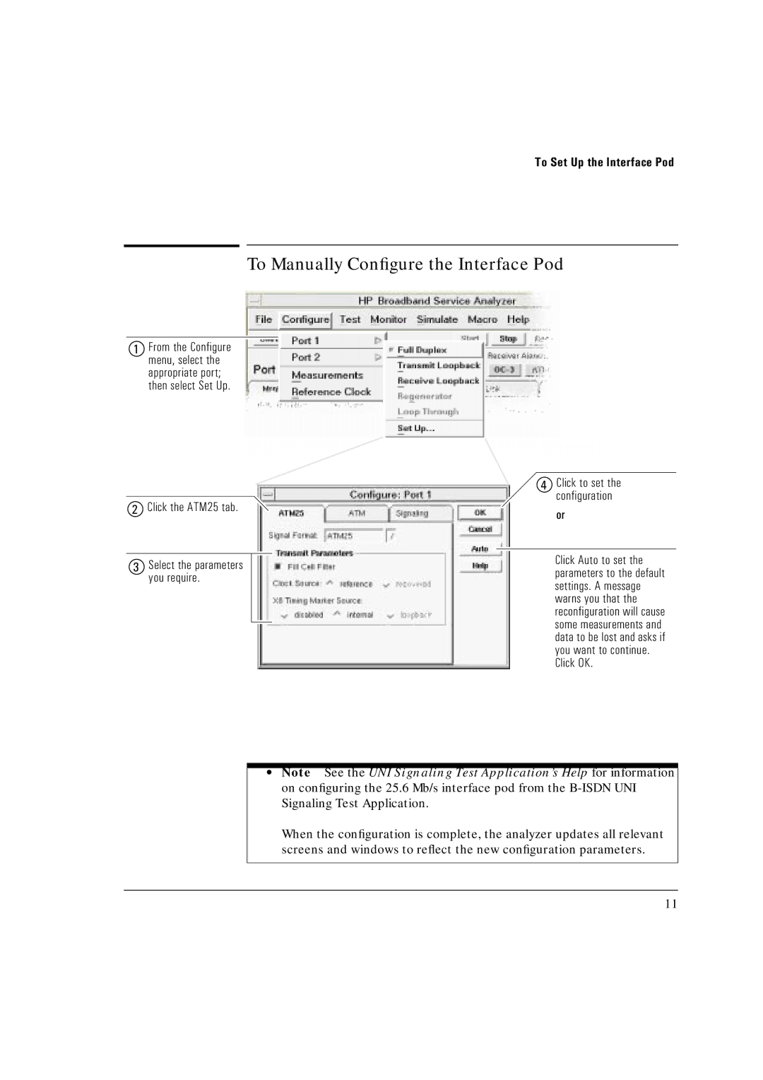 HP Broadband Service Analyzer manual To Manually Conﬁgure the Interface Pod, Click to set the configuration 