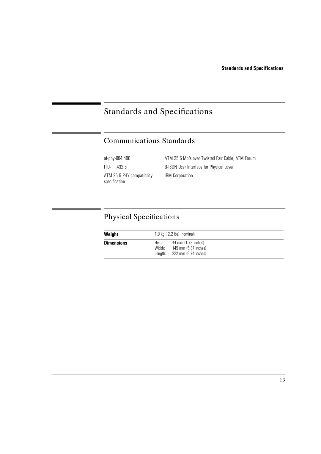 HP Broadband Service Analyzer manual Standards and Speciﬁcations, Communications Standards, Physical Speciﬁcations 