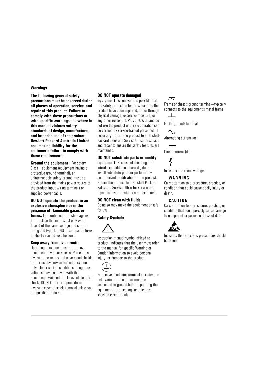 HP Broadband Service Analyzer manual Do not clean with fluids, Safety Symbols 