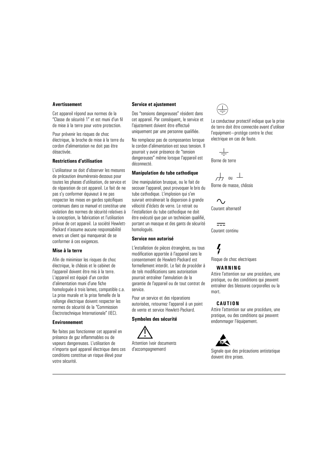 HP Broadband Service Analyzer manual Avertissement, Restrictions d’utilisation, Mise à la terre, Environnement 