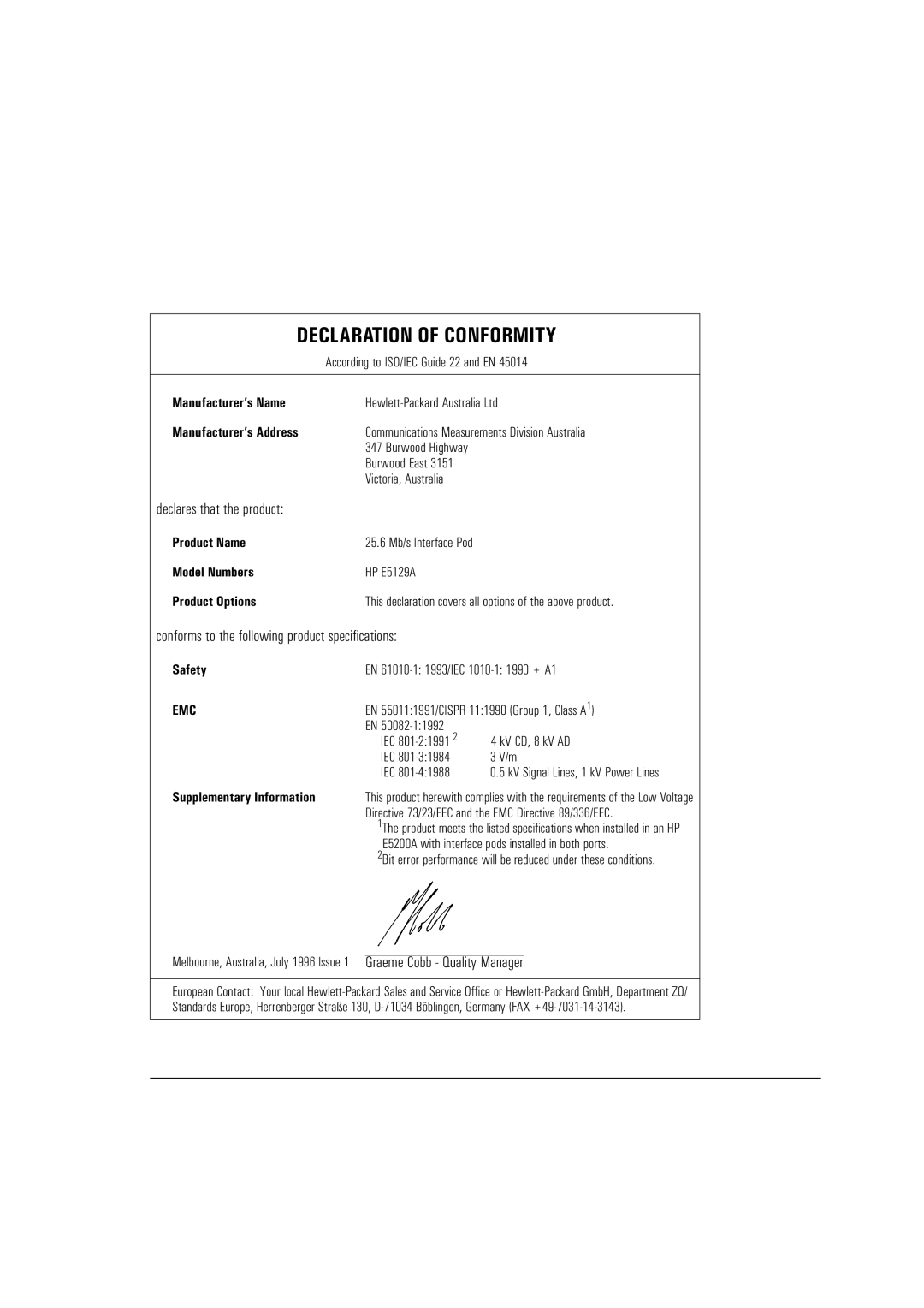 HP Broadband Service Analyzer manual Declaration of Conformity 