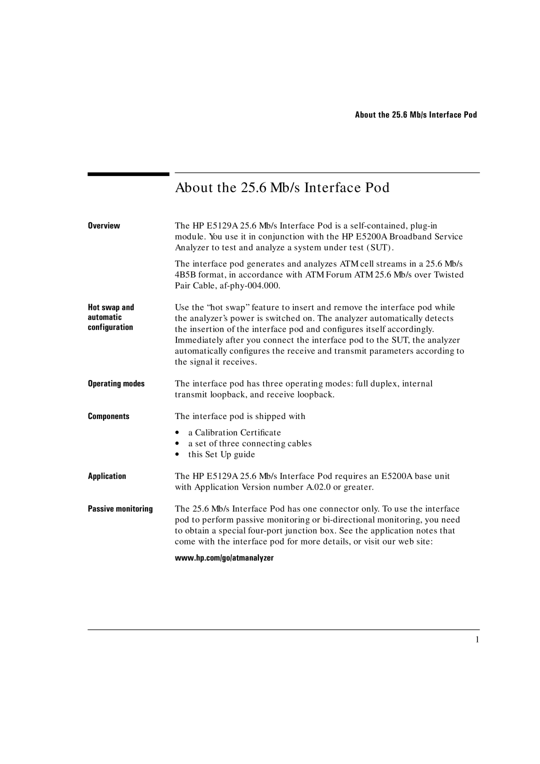 HP Broadband Service Analyzer manual About the 25.6 Mb/s Interface Pod 