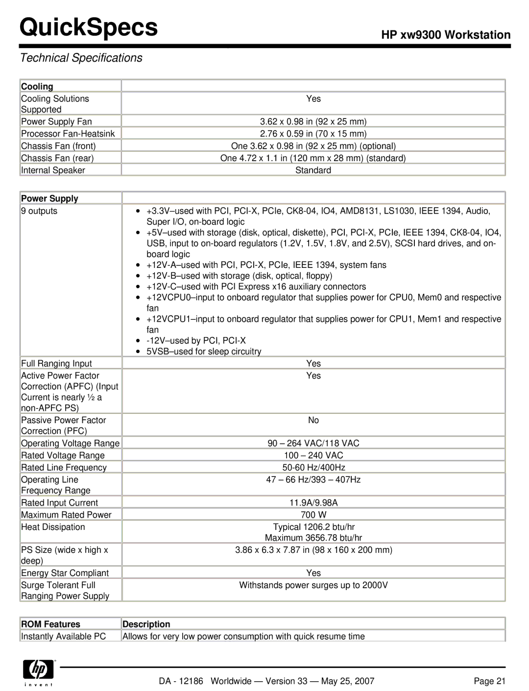 HP Broadcom NetXtreme Gigabit Ethernet I EA833AA manual Technical Specifications, Cooling, Power Supply 