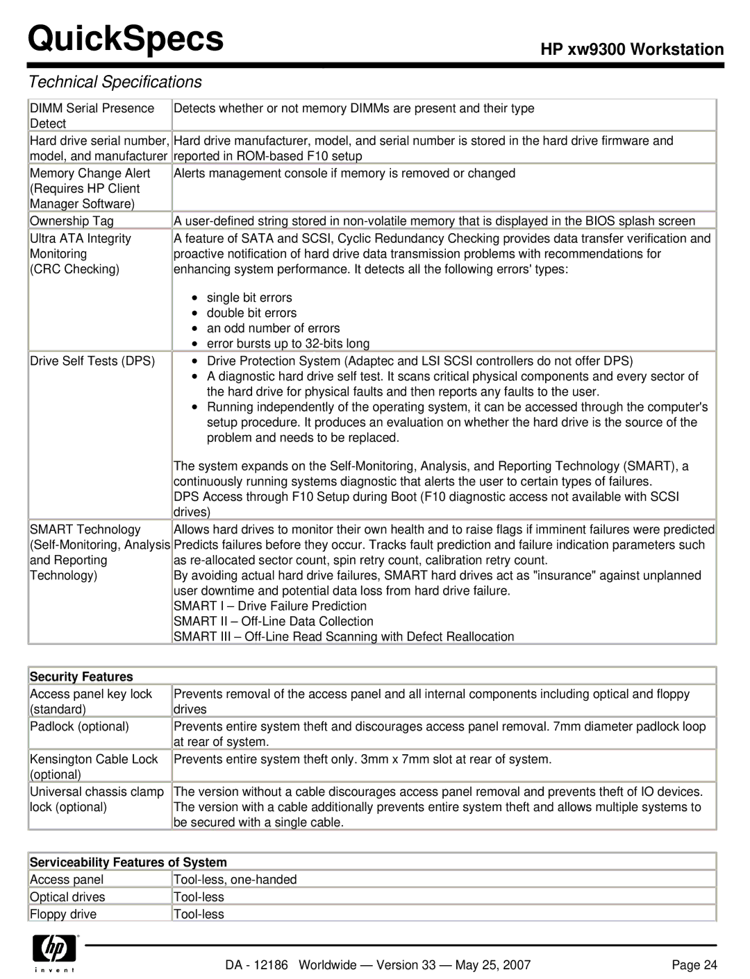 HP Broadcom NetXtreme Gigabit Ethernet I EA833AA manual Security Features, Serviceability Features of System 