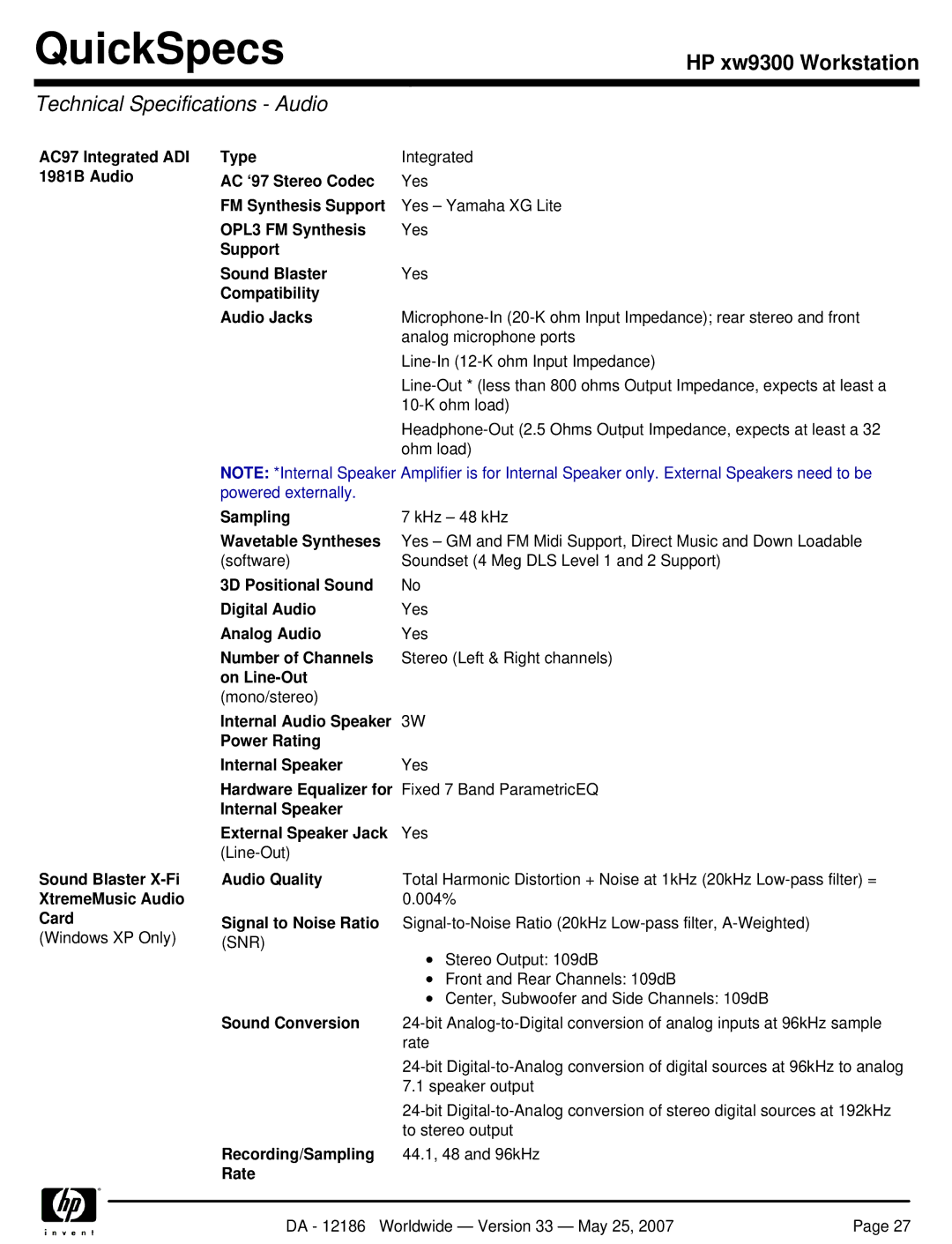 HP Broadcom NetXtreme Gigabit Ethernet I EA833AA manual Technical Specifications Audio 