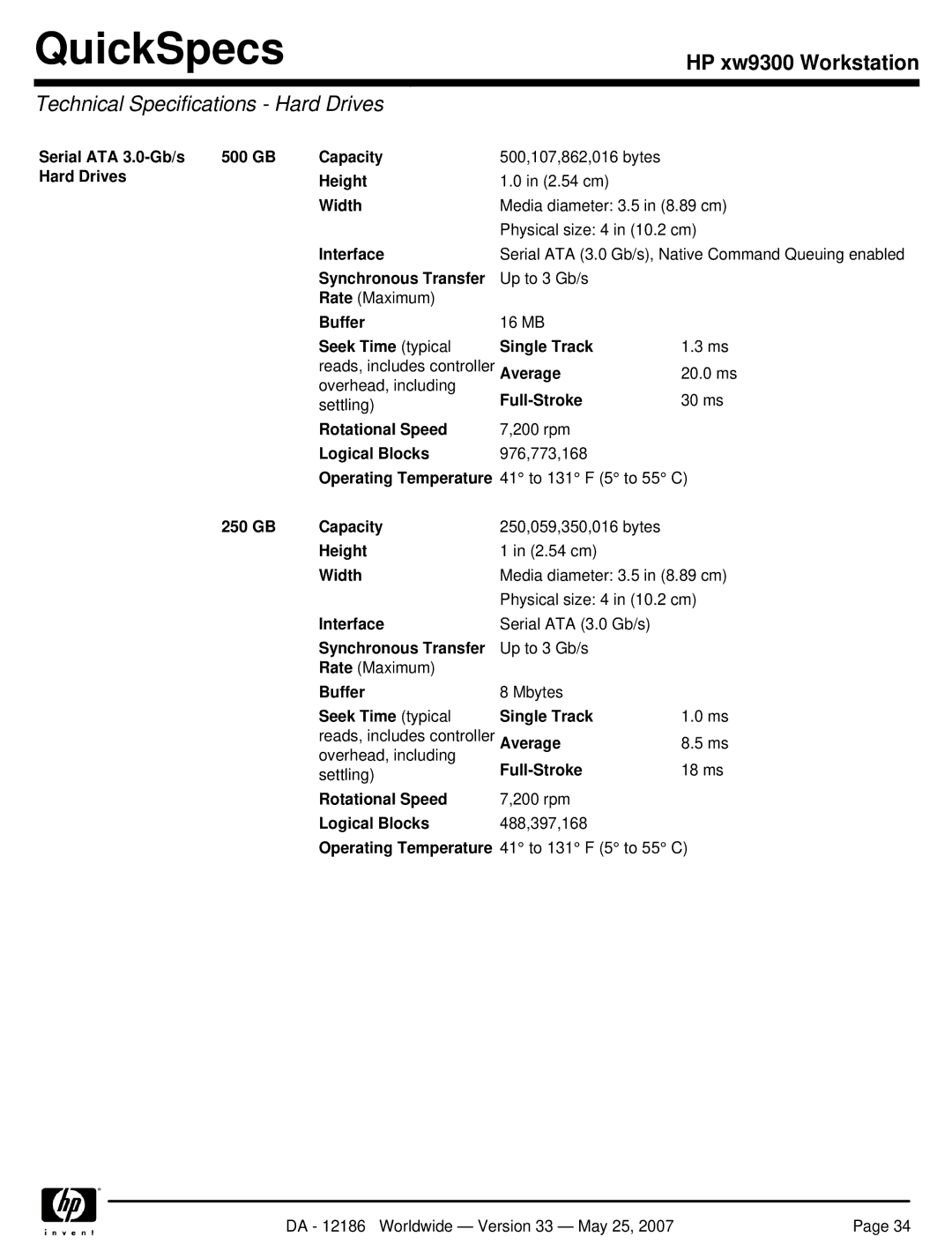 HP Broadcom NetXtreme Gigabit Ethernet I EA833AA manual Technical Specifications Hard Drives 