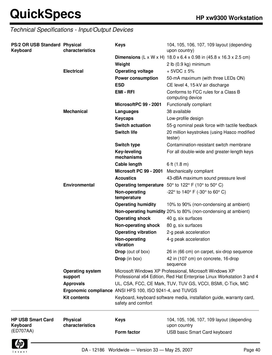 HP Broadcom NetXtreme Gigabit Ethernet I EA833AA manual Technical Specifications Input/Output Devices, Esd, Emi Rfi 