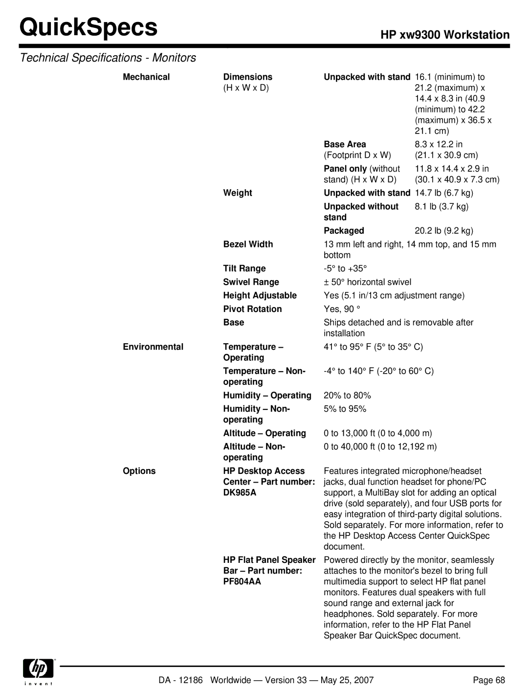 HP Broadcom NetXtreme Gigabit Ethernet I EA833AA Mechanical Dimensions Unpacked with stand, Base Area, Panel only without 