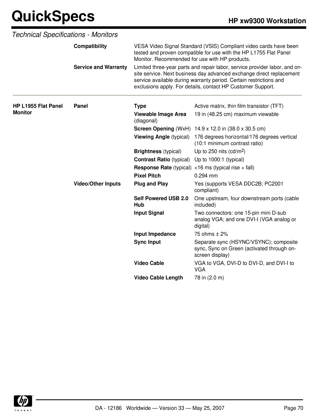 HP Broadcom NetXtreme Gigabit Ethernet I EA833AA manual Service and Warranty, HP L1955 Flat Panel Type 