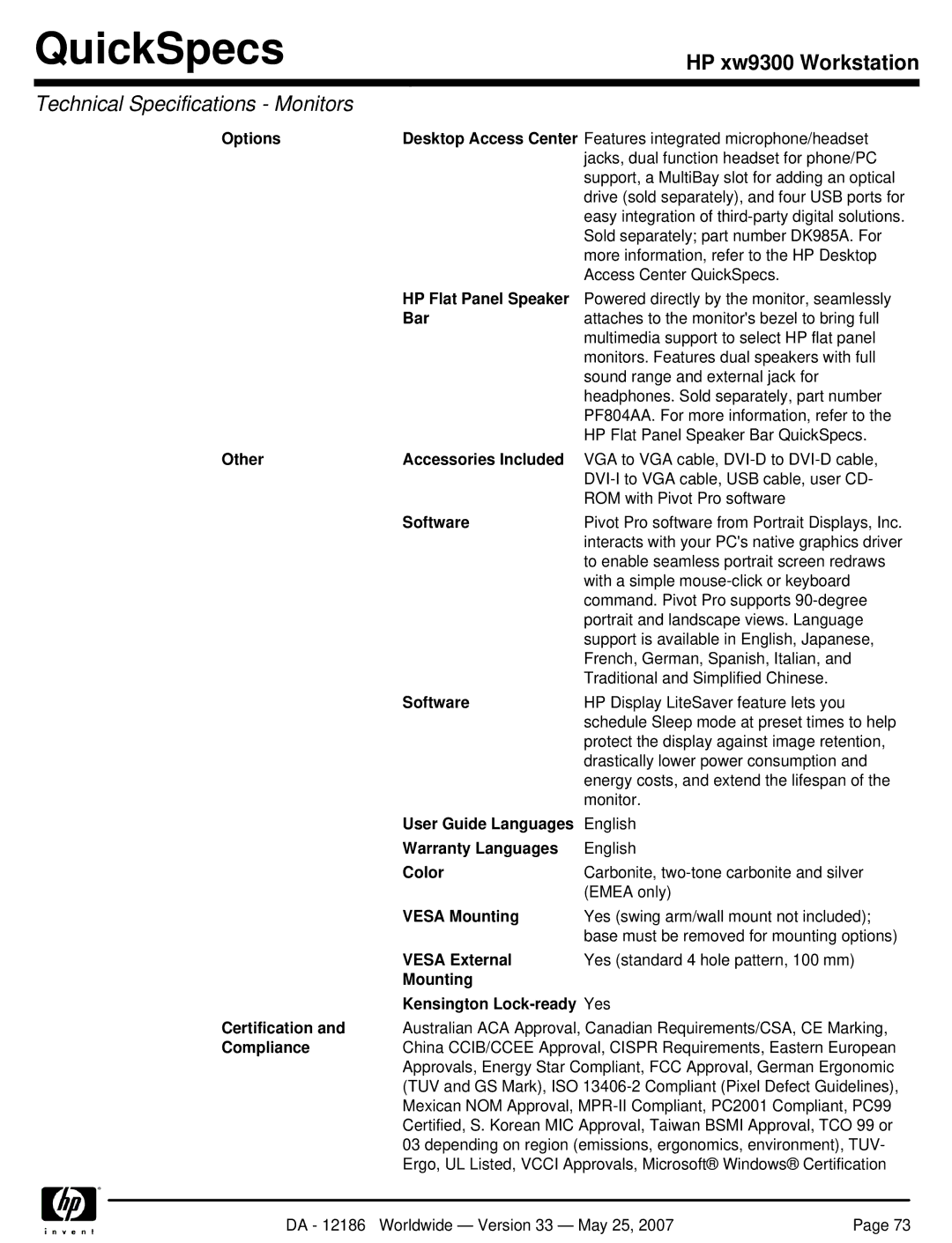 HP Broadcom NetXtreme Gigabit Ethernet I EA833AA manual HP Flat Panel Speaker, Bar 