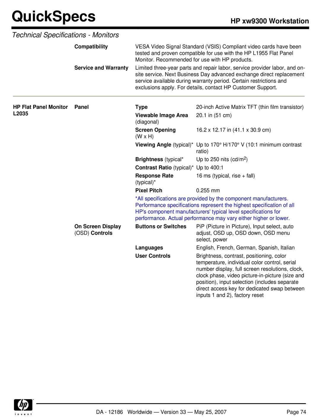 HP Broadcom NetXtreme Gigabit Ethernet I EA833AA HP Flat Panel Monitor Panel L2035 Type, Screen Opening, Response Rate 