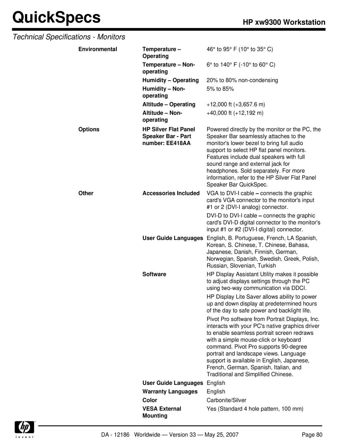 HP Broadcom NetXtreme Gigabit Ethernet I EA833AA manual Speaker Bar Part, Number EE418AA, Mounting 