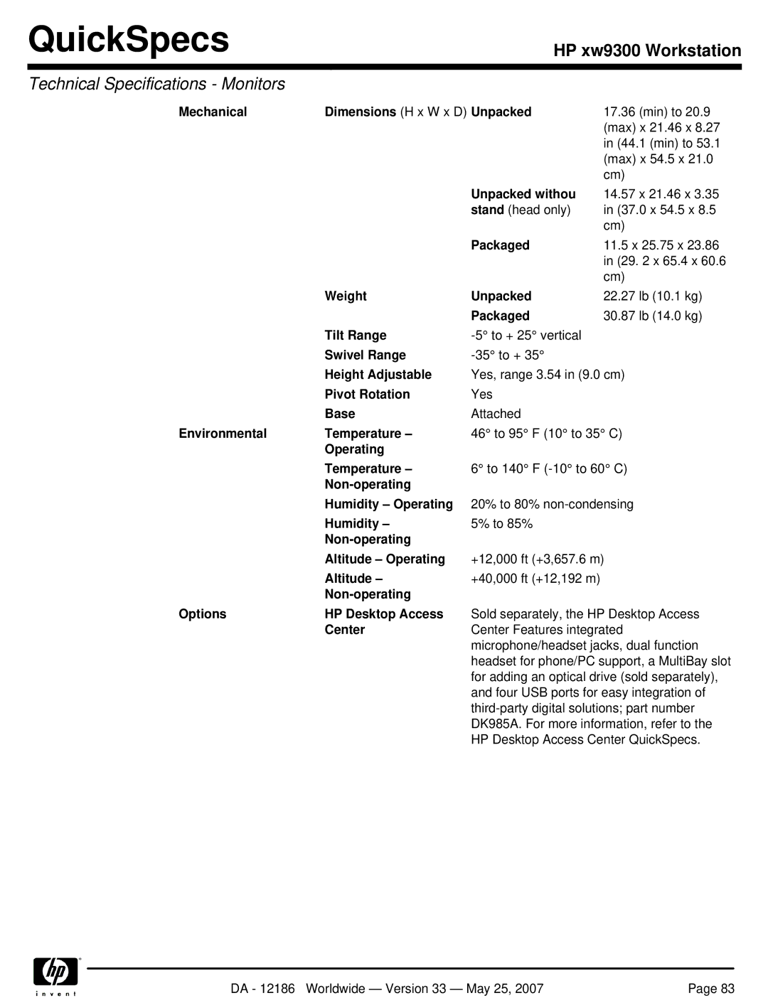 HP Broadcom NetXtreme Gigabit Ethernet I EA833AA manual Mechanical Dimensions H x W x D Unpacked, Unpacked withou, Altitude 