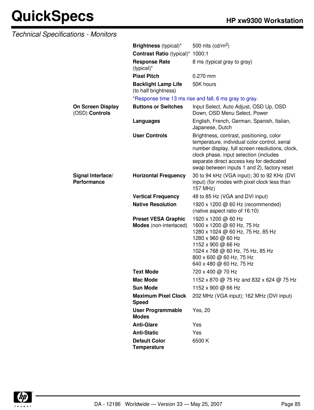 HP Broadcom NetXtreme Gigabit Ethernet I EA833AA manual Response time 13 ms rise and fall, 6 ms gray to gray 