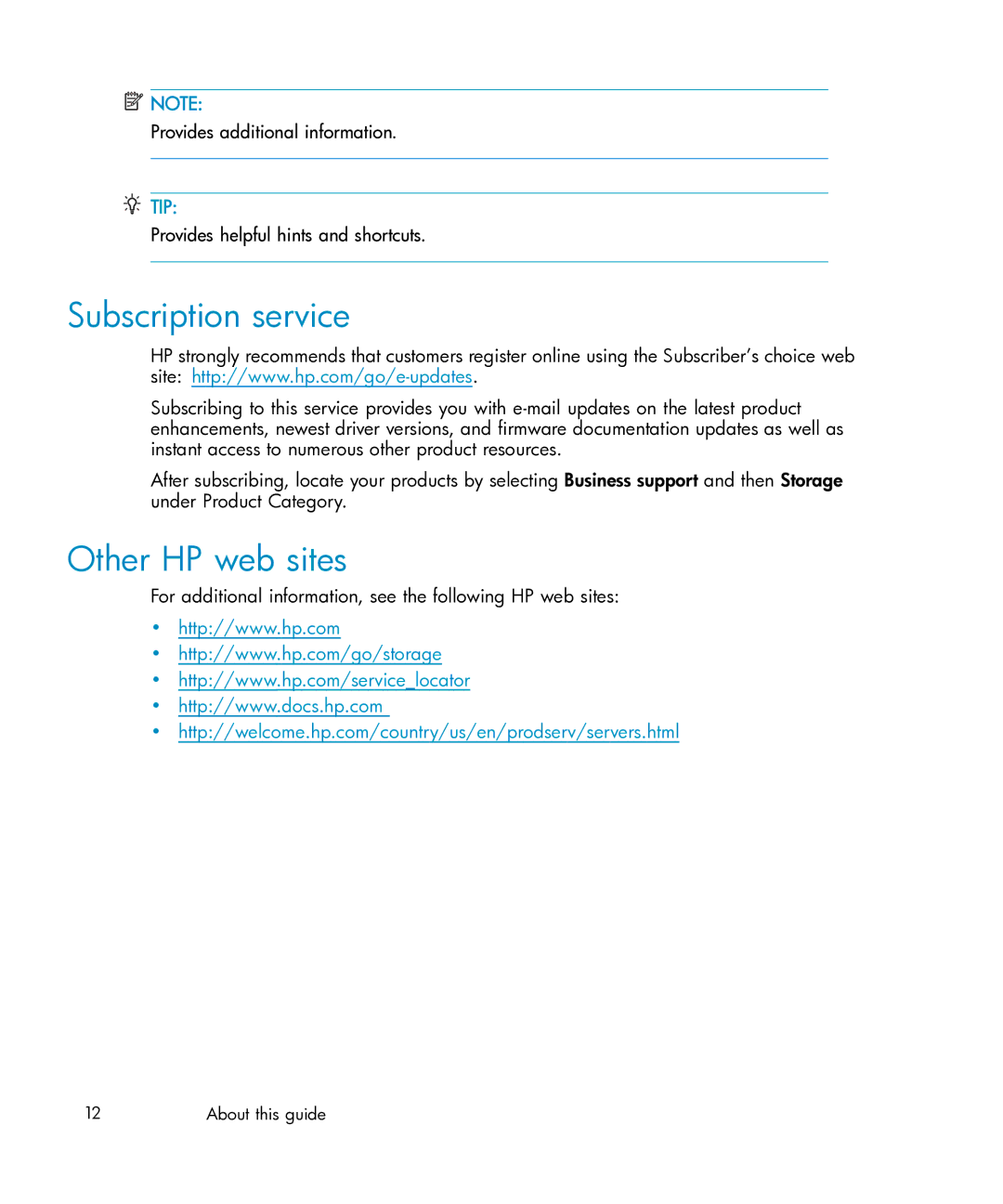 HP Brocade 4Gb SAN c-Class BladeSystem manual Subscription service, Other HP web sites, Tip 